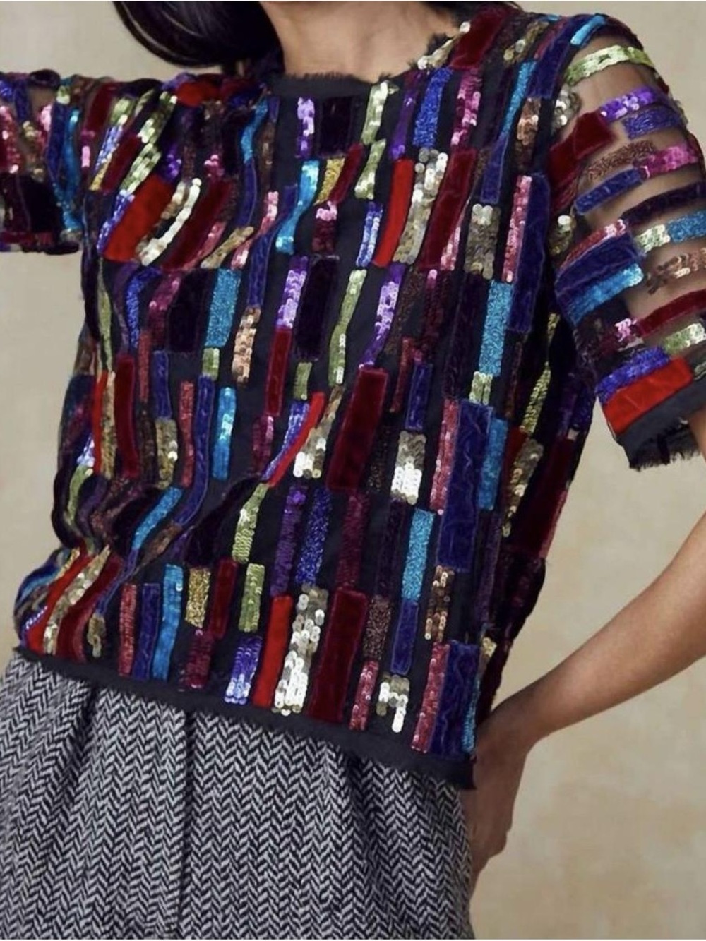 Hunter Bell Designer Shelby Top Sequin Velvet Patchwork Multicolor Sheer Medium